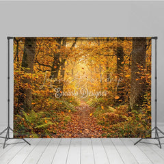 Lofaris Golden Autumn Forest Photography Backdrop with Winding Path Sunlight and Falling Leaves Natural Rustic Scenery