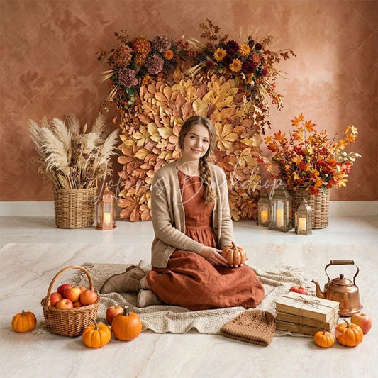 Lofaris Golden Autumn Leaves and Pampas Grass Combo Set Backdrop Rustic Fall Harvest Decor with Lanterns for Photos