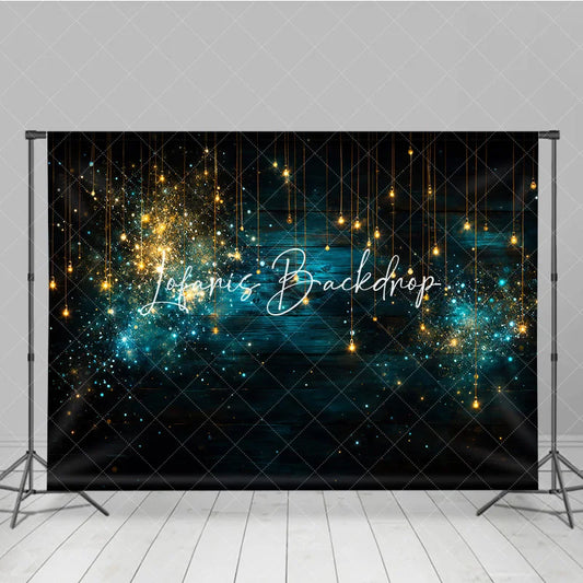 Lofaris Golden Blue Sparkling Lights Photography Backdrop Dark Wood Texture with Bokeh Effect for Festive Celebrations