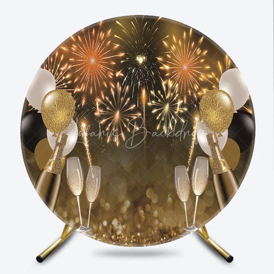 Lofaris Golden Celebration Round Backdrop with Sparkling Displays Champagne Bottles and Balloons