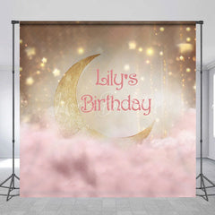 Lofaris Golden Crescent Moon and Pink Clouds Custom Birthday Backdrop Personalized Name Party Decor with Sparkling Stars