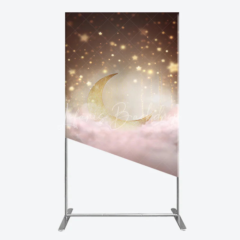 Lofaris Golden Crescent Moon and Sparkling Stars Rectangle Arch Backdrop Dreamy Pink Clouds Baby Shower Decor