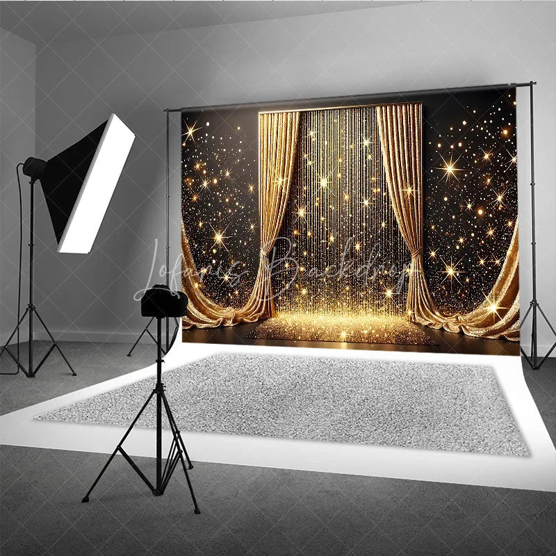 Lofaris Golden Curtains and Sparkling Glitter Photography Backdrop Elegant Starburst Celebration Party Decor