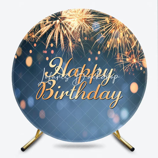 Lofaris Golden Fireworks and Bokeh Lights Happy Birthday Round Backdrop Elegant Celebration Decor