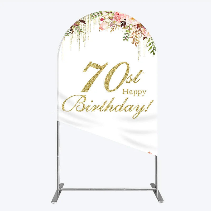 Lofaris Golden Glitter 70th Happy Birthday Round Top Arch Backdrop Pink Floral Watercolor Design