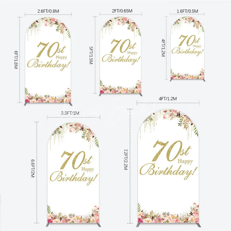 Lofaris Golden Glitter 70th Happy Birthday Round Top Arch Backdrop Pink Floral Watercolor Design