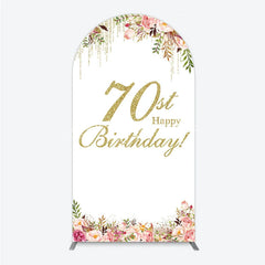 Lofaris Golden Glitter 70th Happy Birthday Round Top Arch Backdrop Pink Floral Watercolor Design
