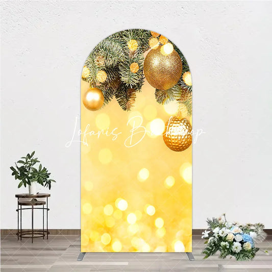 Lofaris Golden Glitter Christmas Ornaments and Fir Branches Round Top Arch Backdrop Festive Holiday Party Decor