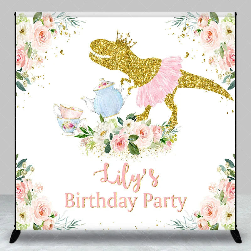Lofaris Golden Glitter Dinosaur with Pink Tutu and Crown Custom Backdrop Personalized Tea Party Birthday Decoration for Girls