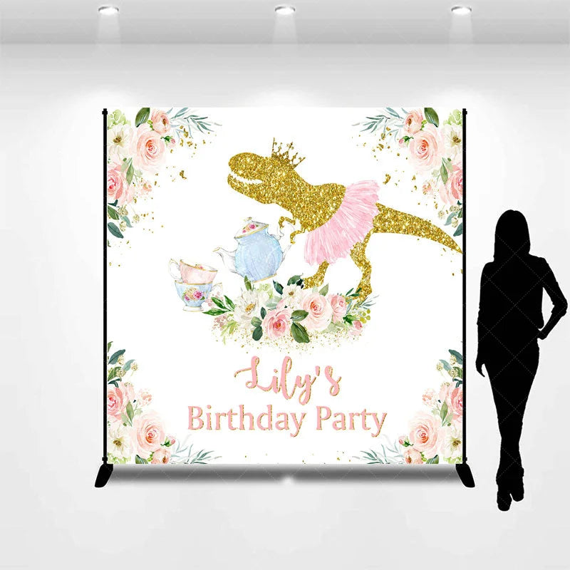 Lofaris Golden Glitter Dinosaur with Pink Tutu and Crown Custom Backdrop Personalized Tea Party Birthday Decoration for Girls