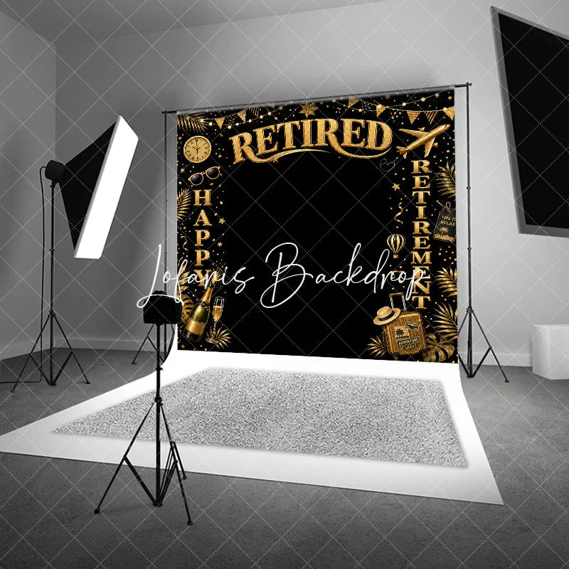Lofaris Golden Glitter Happy Retirement Celebration Party Holiday Backdrop with Travel Elements and Champagne