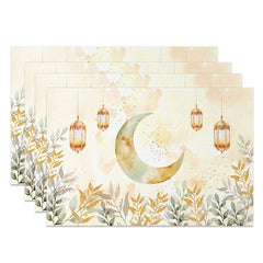 Lofaris Golden Glitter Leaves and Moon Set of 4 Placemats Ramadan Eid Mubarak Lanterns Dining Table Mats for Home