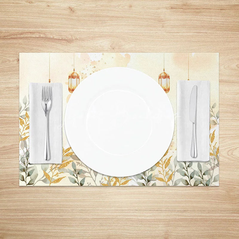 Lofaris Golden Glitter Leaves and Moon Set of 4 Placemats Ramadan Eid Mubarak Lanterns Dining Table Mats for Home