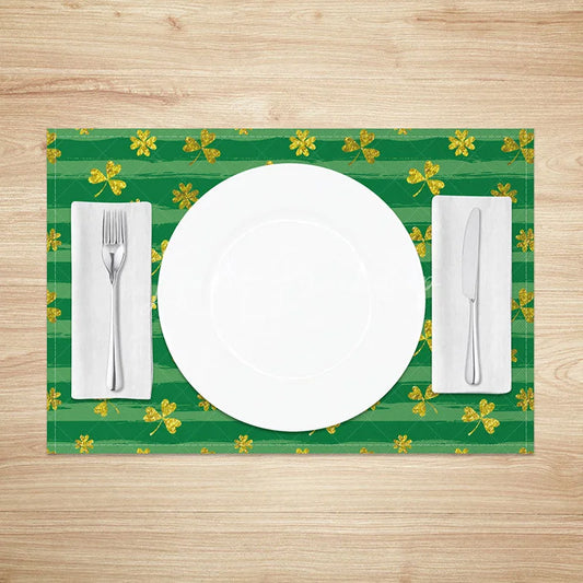 Lofaris Golden Glitter Shamrock Set of 4 Placemats Green Striped St. Patricks Day Lucky Clover Table Mats