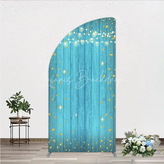 Lofaris Golden Glitter String Lights Teal Wooden Half Moon Arch Backdrop Festive Party Celebration Decor