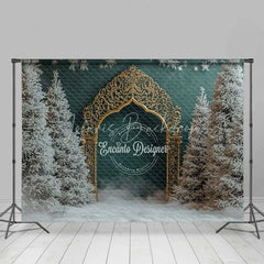 Lofaris Golden Gothic Arch Christmas Backdrop Snowy Forest Green Wall Photography Background