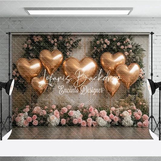 Lofaris Golden Heart Balloons and Pink Roses Floral Photography Backdrop Elegant Wedding Valentine’s Day Party Decor