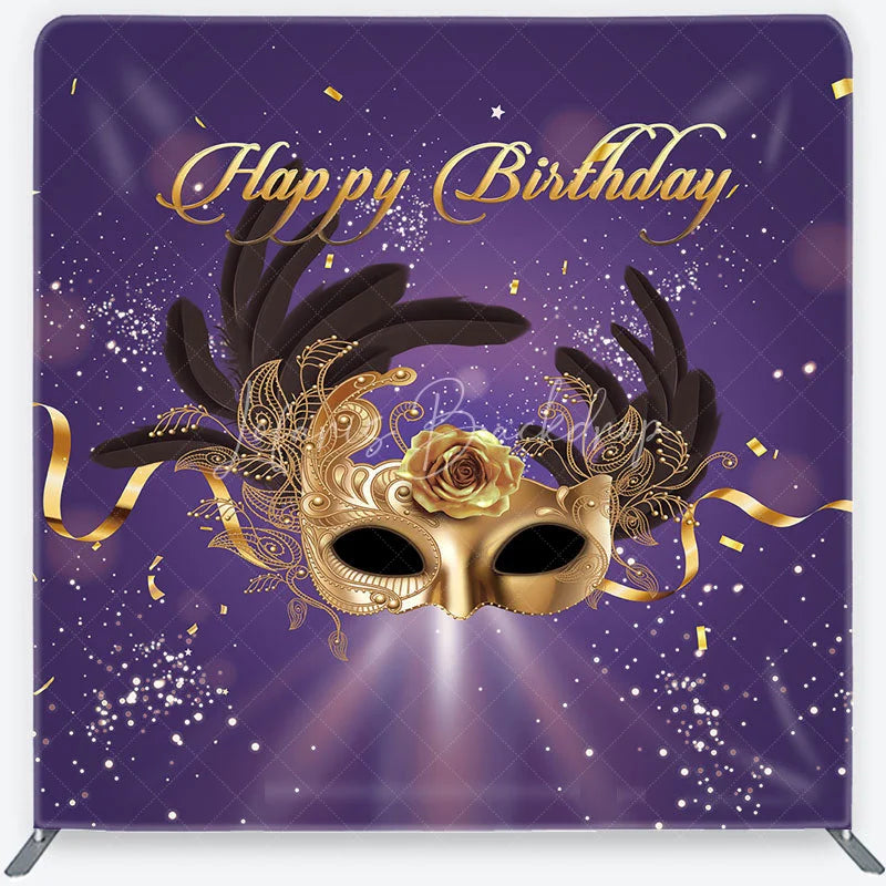 Lofaris Golden Masquerade Mask with Black Feathers Happy Birthday Square Double-Sided Backdrop Elegant Purple Gold Party Decor