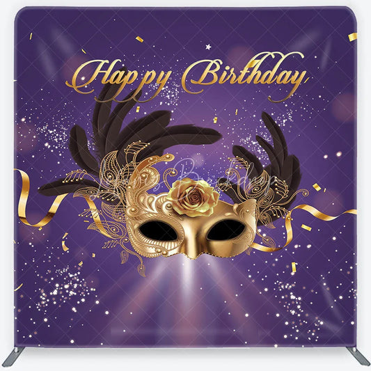 Lofaris Golden Masquerade Mask with Black Feathers Happy Birthday Square Double-Sided Backdrop Elegant Purple Gold Party Decor