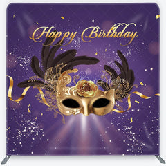 Lofaris Golden Masquerade Mask with Black Feathers Happy Birthday Square Double-Sided Backdrop Elegant Purple Gold Party Decor