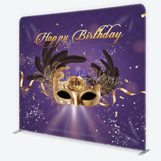 Lofaris Golden Masquerade Mask with Black Feathers Happy Birthday Square Double-Sided Backdrop Elegant Purple Gold Party Decor