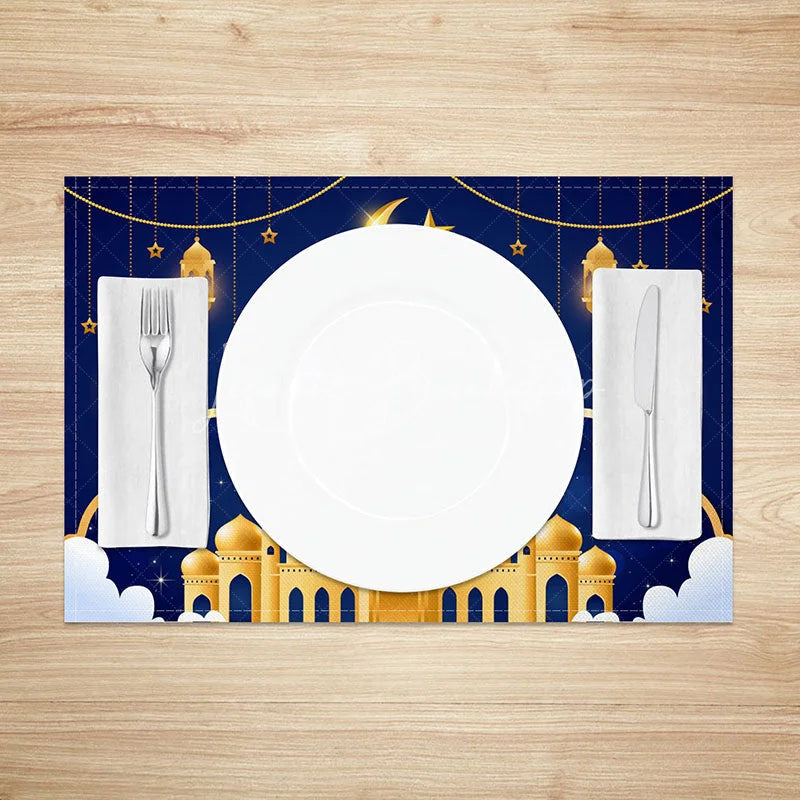 Lofaris Golden Mosque Night Set of 4 Placemats Starry Sky with Moon and Lanterns Ramadan Eid Mubarak Table Mats