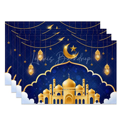 Lofaris Golden Mosque Night Set of 4 Placemats Starry Sky with Moon and Lanterns Ramadan Eid Mubarak Table Mats