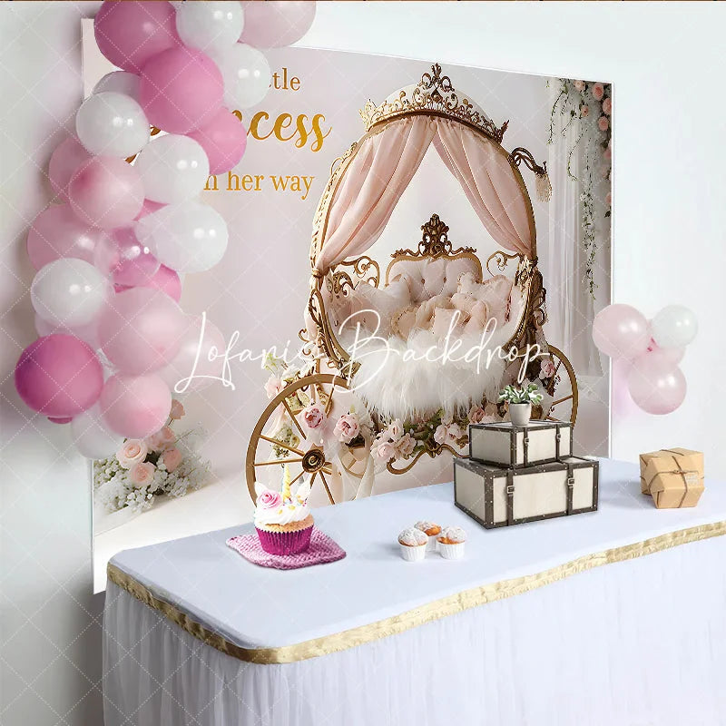Lofaris Golden Princess Carriage Pink Floral Baby Shower Backdrop A Little Is On Her Way Quote Photography