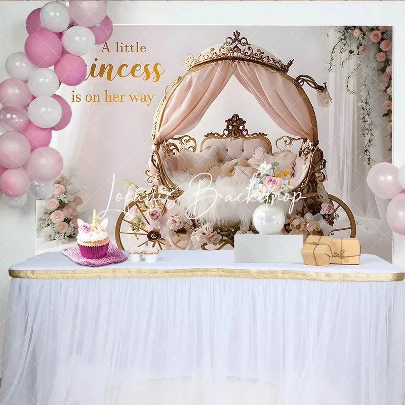 Lofaris Golden Princess Carriage Pink Floral Baby Shower Backdrop A Little Is On Her Way Quote Photography