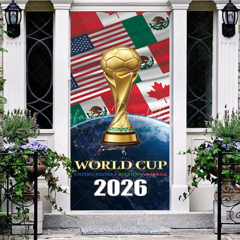 Lofaris Golden Soccer Trophy and Ball International Football Event 2026 Door Cover featuring USA Mexico Canada Flags