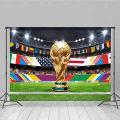 Lofaris Golden Victory Trophy Soccer Stadium Holiday Backdrop with International Flags Festive Celebration Decor