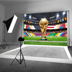 Lofaris Golden Victory Trophy Soccer Stadium Holiday Backdrop with International Flags Festive Celebration Decor