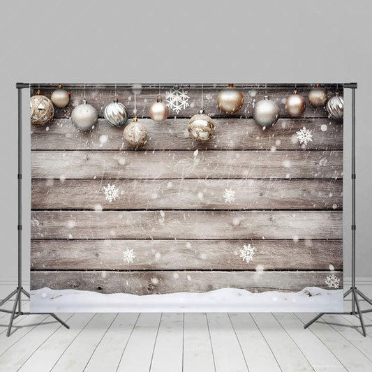 Lofaris Golden White Christmas Ball Snow Warm Wood Backdrop