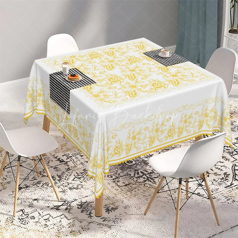 Lofaris Golden Yellow Rose Line Art Rectangle Tablecloth Ornate White Floral Filigree Table Cover