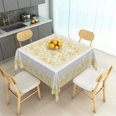 Lofaris Golden Yellow Rose Line Art Rectangle Tablecloth Ornate White Floral Filigree Table Cover