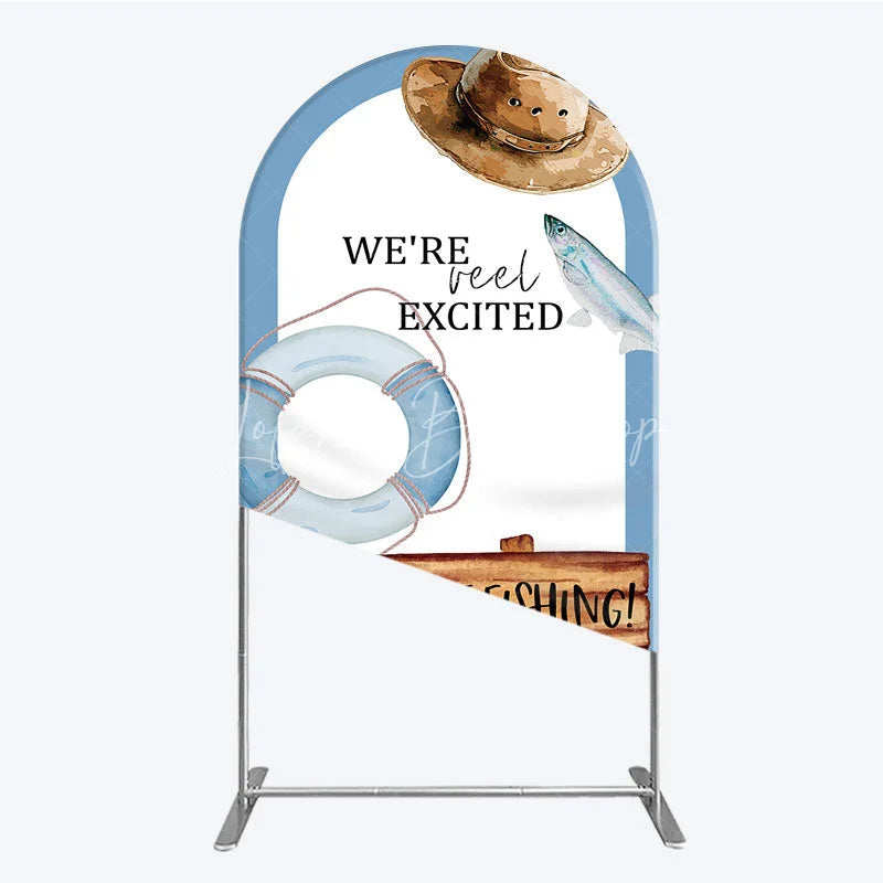 Lofaris Gone Fishing Arch Backdrop Reel Excited Life Ring Rustic Sign Background Boy Baby Shower Cover Decoration