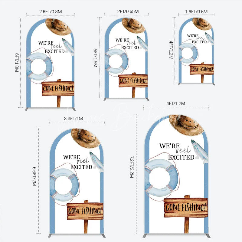 Lofaris Gone Fishing Arch Backdrop Reel Excited Life Ring Rustic Sign Background Boy Baby Shower Cover Decoration