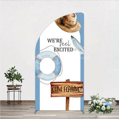 Lofaris Gone Fishing Half Moon Arch Backdrop Reel Excited Life Ring Rustic Sign Background Boy Baby Shower Cover Decoration