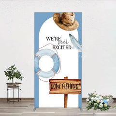 Lofaris Gone Fishing Rectangle Backdrop Reel Excited Life Ring Rustic Sign Background Boy Baby Shower Cover Decoration