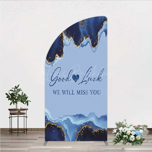 Lofaris Good Luck We Will Miss You Retirement Half Moon Arch Backdrop Blue and Gold Agate Elegant Farewell Party Decorations