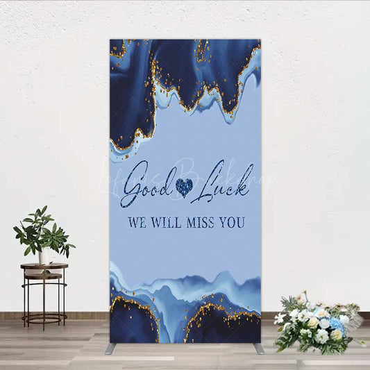 Lofaris Good Luck We Will Miss You Retirement Rectangle Backdrop Blue and Gold Agate Elegant Farewell Party Decorations