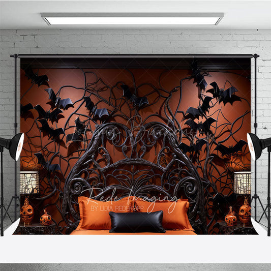 Lofaris Gothic Bat Headboard Photography Backdrop Spooky Halloween Bedroom with Flying Bats Dark and Moody Photo Prop