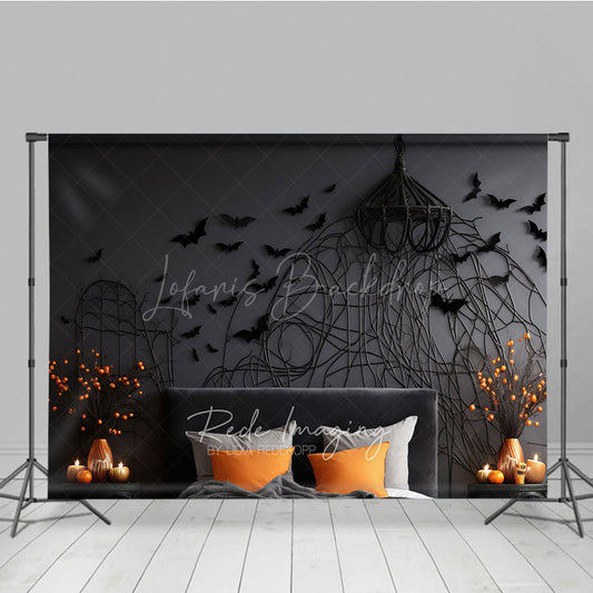 Lofaris Gothic Bat Wall Photography Backdrop for Halloween Spooky Bedroom with Headboard Moody Dark Studio Photo Prop