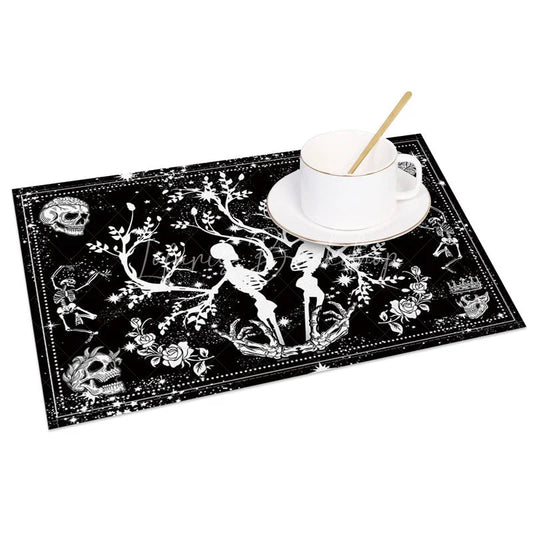 Lofaris Gothic Black and White Skeleton Floral Set of 4 Placemats for Halloween Wedding Spooky Elegant Decor