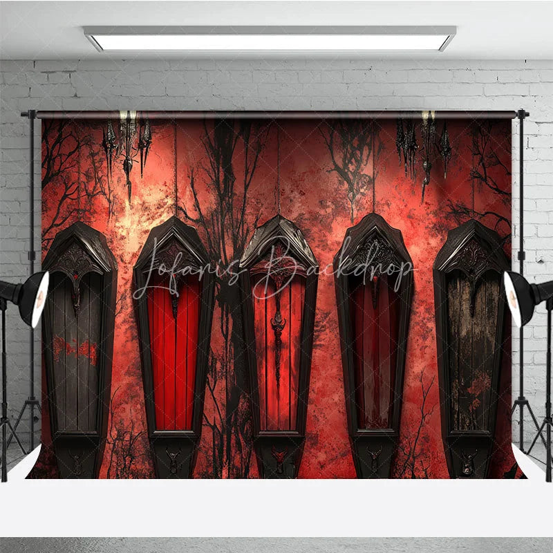 Lofaris Gothic Coffin Holiday Backdrop with Eerie Bare Trees Deep Red Wall and Ornate Chandeliers for Halloween