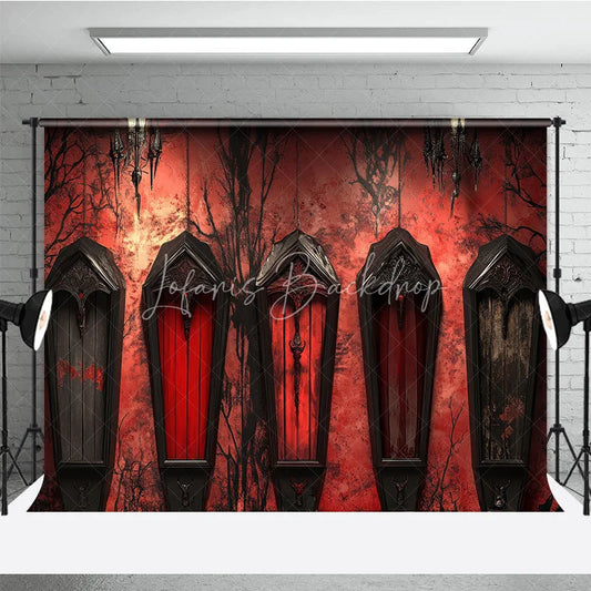 Lofaris Gothic Coffin Holiday Backdrop with Eerie Bare Trees Deep Red Wall and Ornate Chandeliers for Halloween