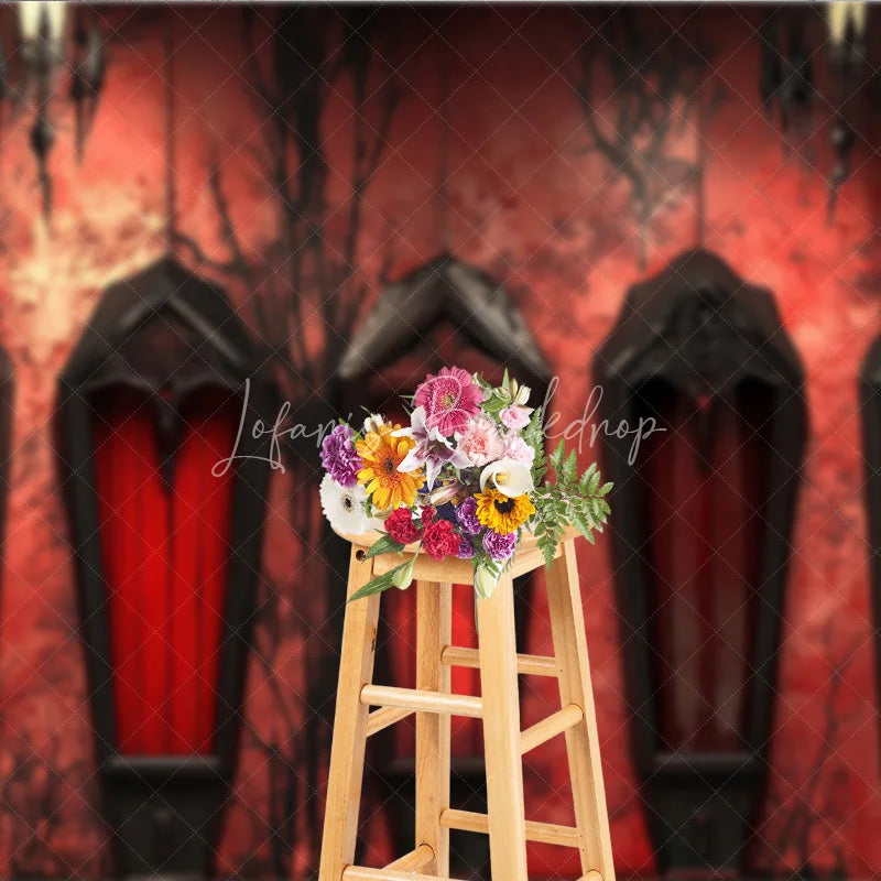 Lofaris Gothic Coffin Holiday Backdrop with Eerie Bare Trees Deep Red Wall and Ornate Chandeliers for Halloween