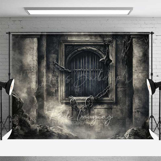 Lofaris Gothic Dungeon Window Photography Backdrop Spooky Castle Cell with Chains Moody Halloween Haunted House Prop