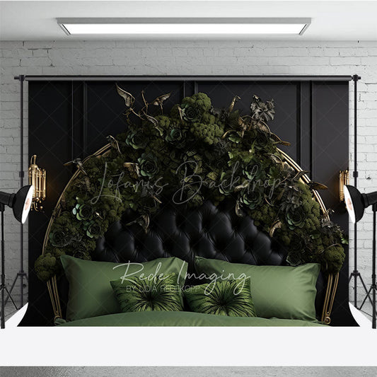 Lofaris Gothic Floral Headboard Photography Backdrop Black Tufted Bed with Green Roses Moody Dark Botanical Photo Prop