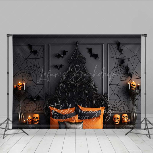 Lofaris Gothic Halloween Bedroom Photography Backdrop Spooky Ornate Bed with Orange Decor Moody Dark Vampire Lair Prop